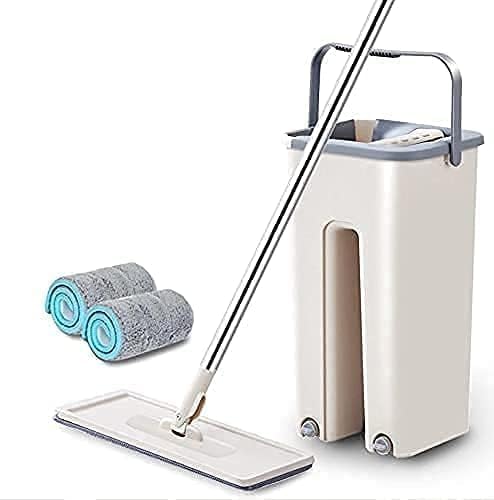 AROPRE Microfiber, Stainless Steel Mop Heavy Quality Floor Mop With Bucket, Flexible Kitchen Tap Flat Squeeze Cleaning Supplies 360 Flexible Head/2 Reusable Pads Clean Home Floor Cleaners (White)