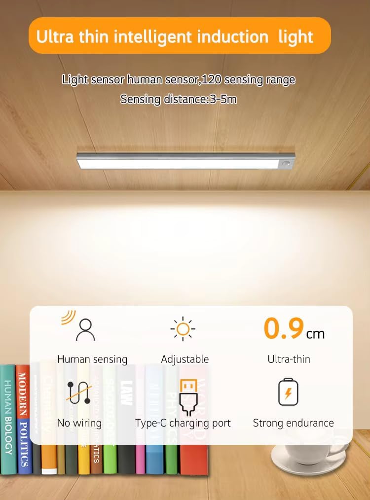 AROPRE Rechargeable Motion Sensor LED Light 40cm | Magnetic Under Cabinet Light with 3 Modes & 1200mAh Battery | Wireless Closet Light for Wardrobe & Kitchen