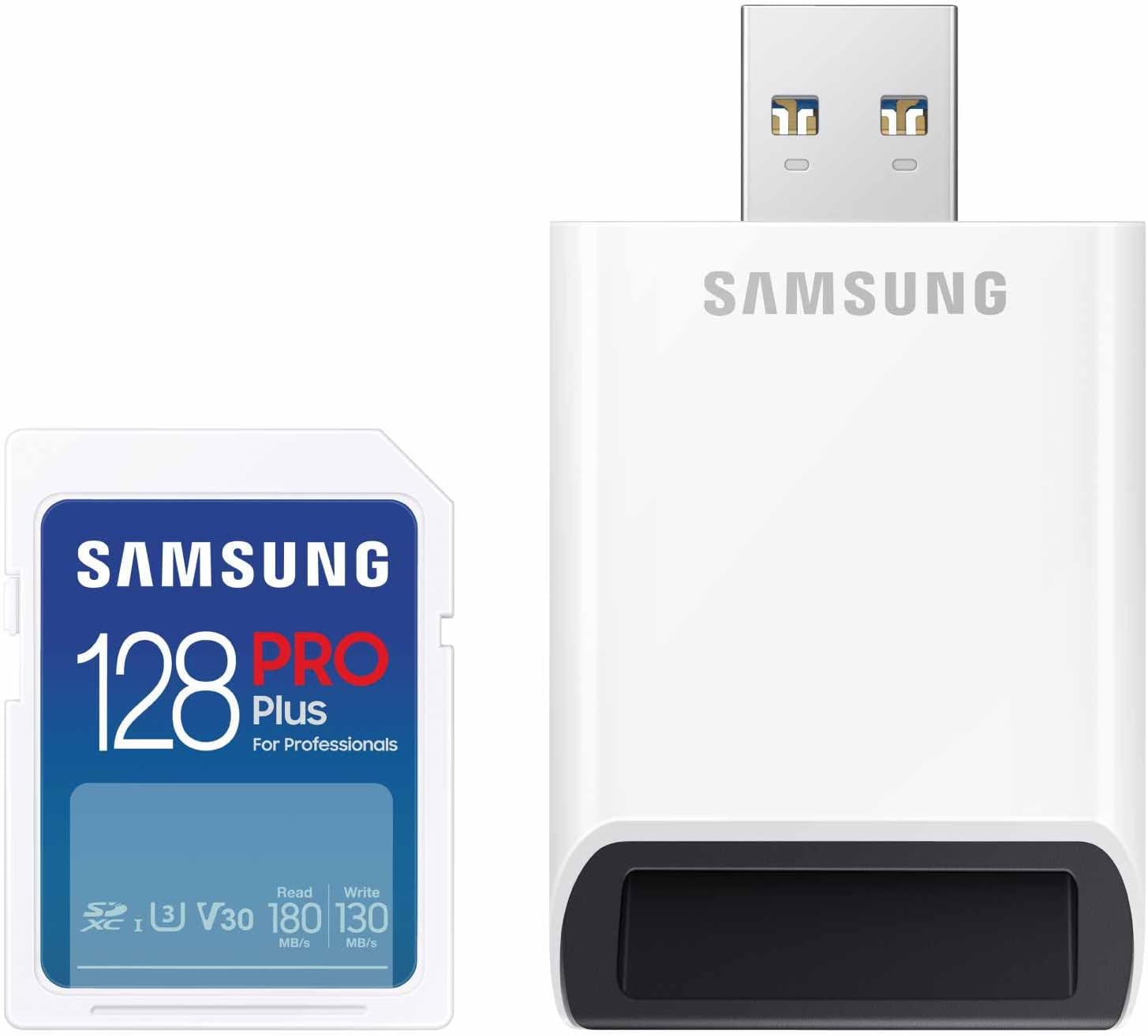 Samsung PRO Plus Full Size 128GB SDXC Memory Card + Reader, Up to 180 MB/s | Full HD & 4K UHD, UHS-I, C10, U3, V30 for DSLR, Mirrorless Cameras, PCs (MB-SD128SB/AM)