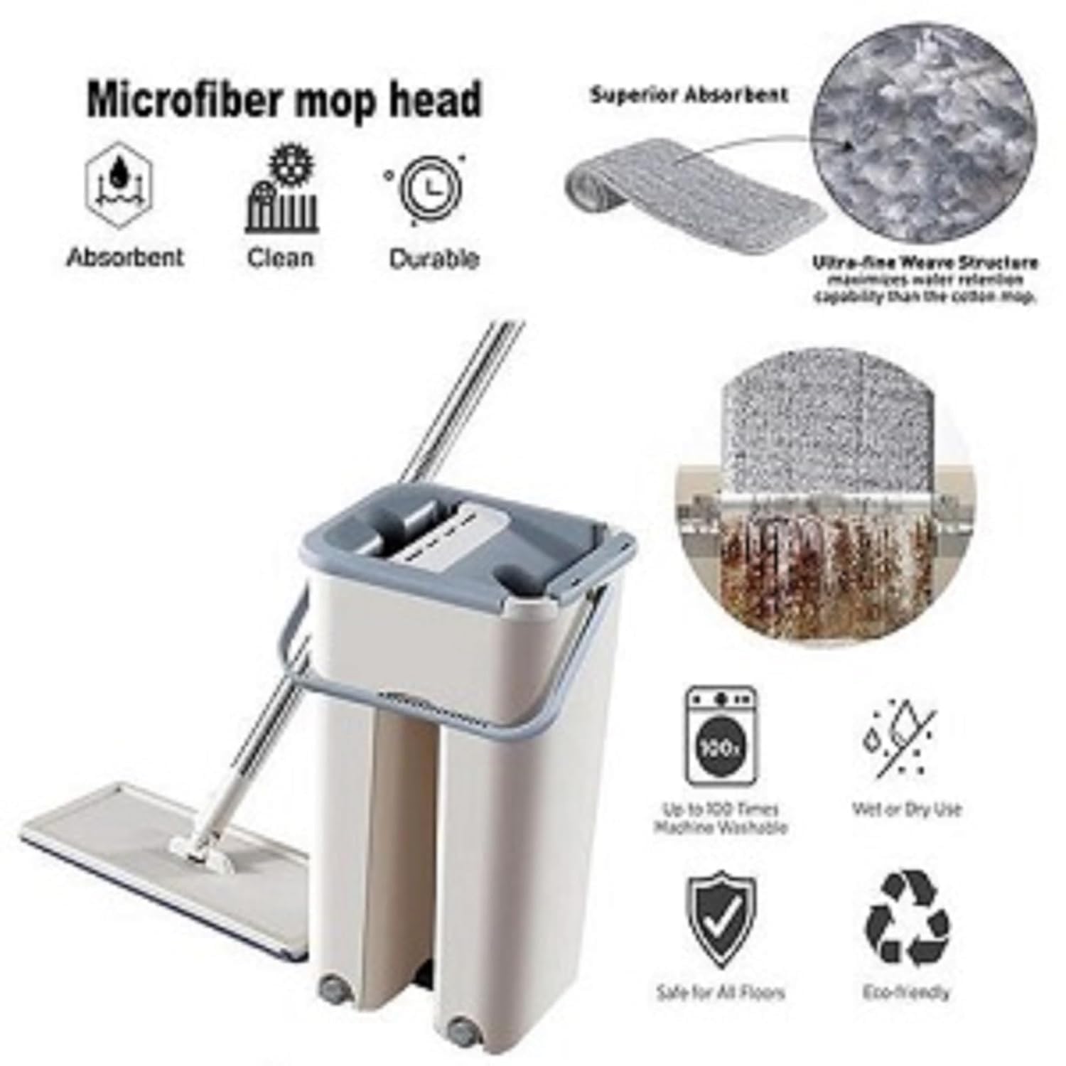 AROPRE Microfiber, Stainless Steel Mop Heavy Quality Floor Mop With Bucket, Flexible Kitchen Tap Flat Squeeze Cleaning Supplies 360 Flexible Head/2 Reusable Pads Clean Home Floor Cleaners (White)