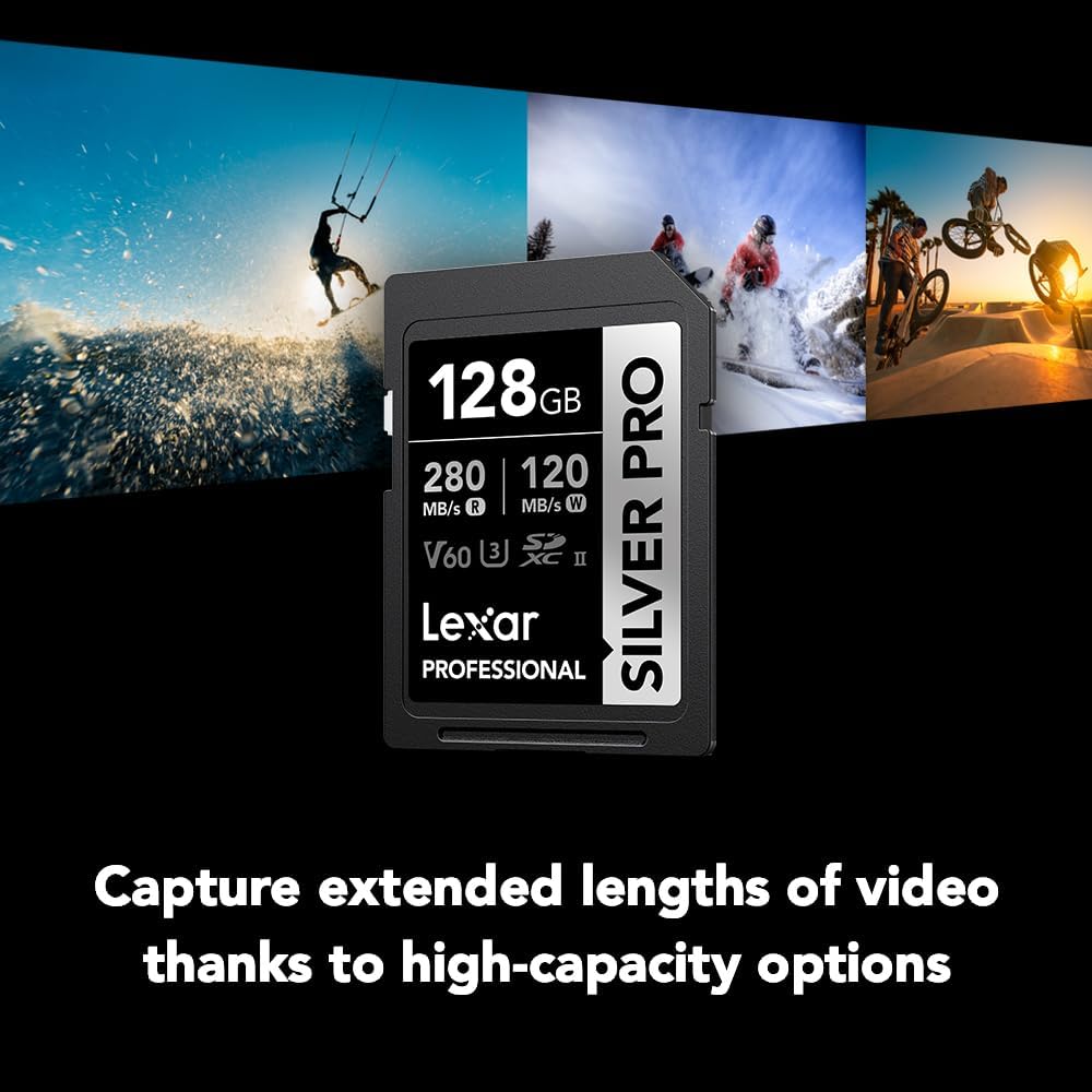 Lexar 128GB Silver PRO SD Memory Card, 280MB/s Read, 4K, V60, U3, UHS-II | Compatible w/ Canon, Sony, Nikon, Ideal for Professional Photographer, Videographer, Enthusiast, LSDSIPR128G-BNNNU