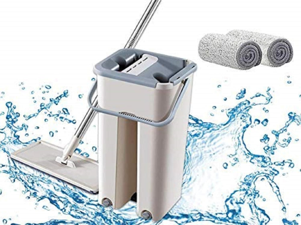 AROPRE Microfiber, Stainless Steel Mop Heavy Quality Floor Mop With Bucket, Flexible Kitchen Tap Flat Squeeze Cleaning Supplies 360 Flexible Head/2 Reusable Pads Clean Home Floor Cleaners (White)