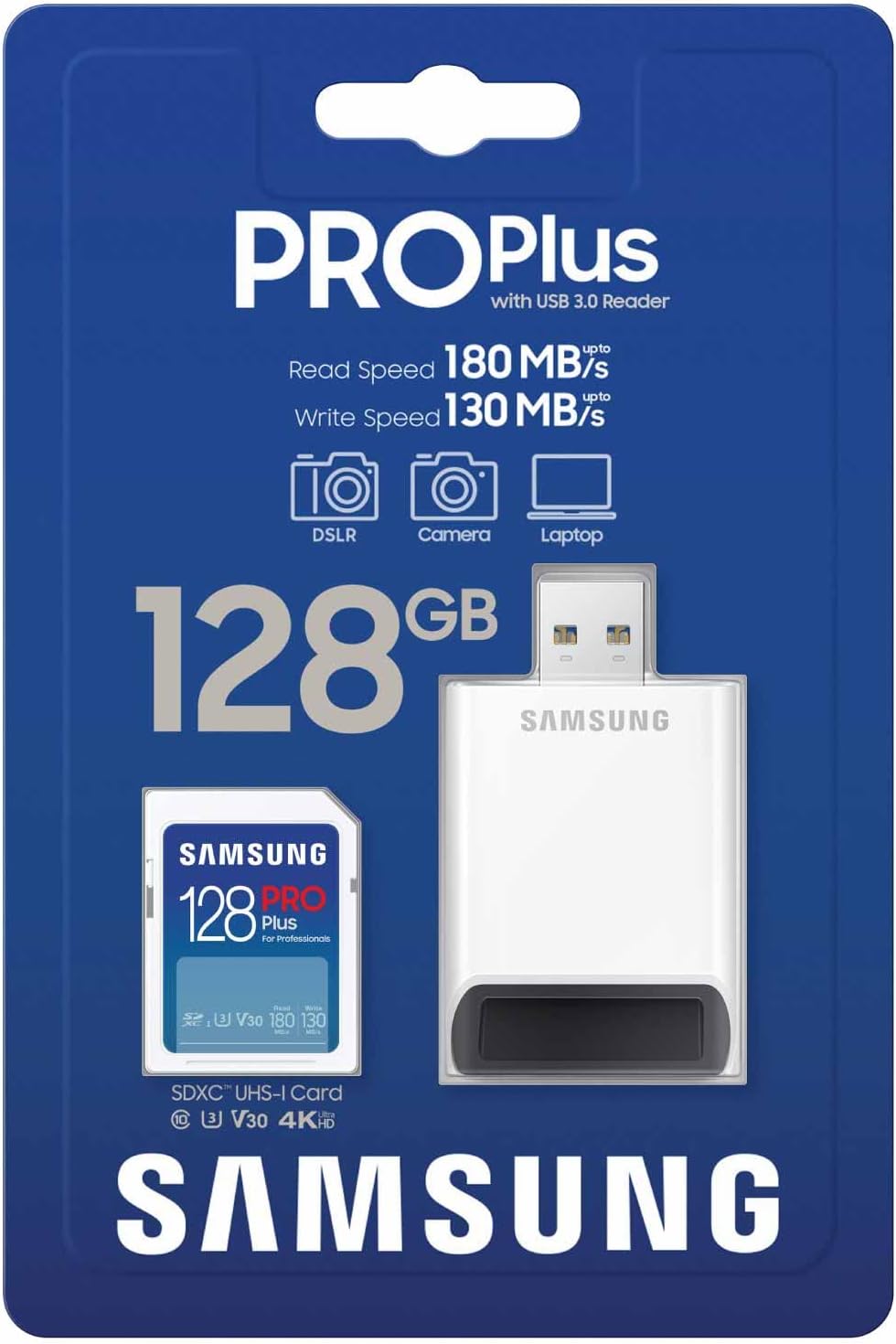 Samsung PRO Plus Full Size 128GB SDXC Memory Card + Reader, Up to 180 MB/s | Full HD & 4K UHD, UHS-I, C10, U3, V30 for DSLR, Mirrorless Cameras, PCs (MB-SD128SB/AM)