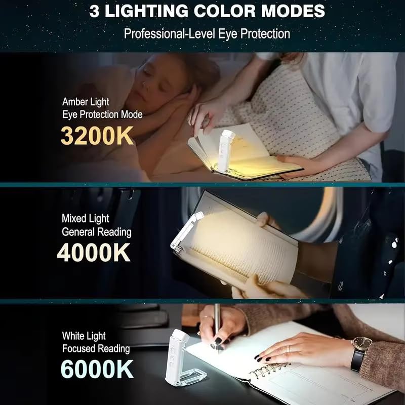 AROPRE Book Lamp for Students, USB Rechargeable LED Study Light, 3 Brightness & Color Modes, Clip-On, Portable & Eye-Friendly (White)