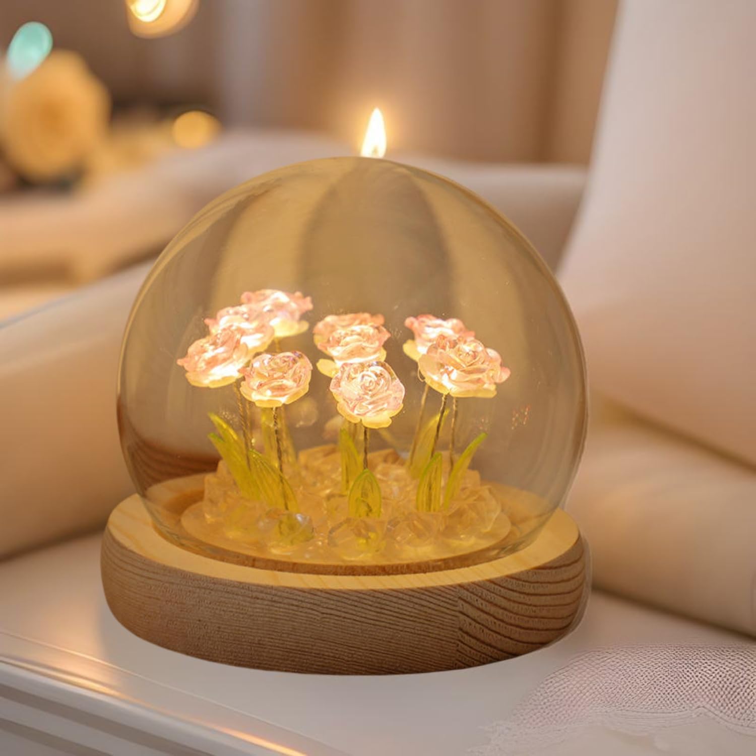 AROPRE Rose LED Night Lamp – Wooden Base with 9 Artificial Dual-Color Roses (Pink & White), Table Decoration Light for Bedroom, Romantic Decor, Valentine Day Gift, Love Gift for Her, Couple Gift