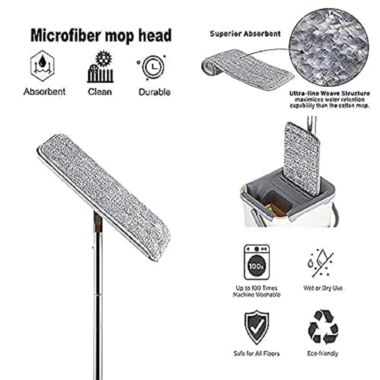 AROPRE Microfiber, Stainless Steel Mop Heavy Quality Floor Mop With Bucket, Flexible Kitchen Tap Flat Squeeze Cleaning Supplies 360 Flexible Head/2 Reusable Pads Clean Home Floor Cleaners (White)