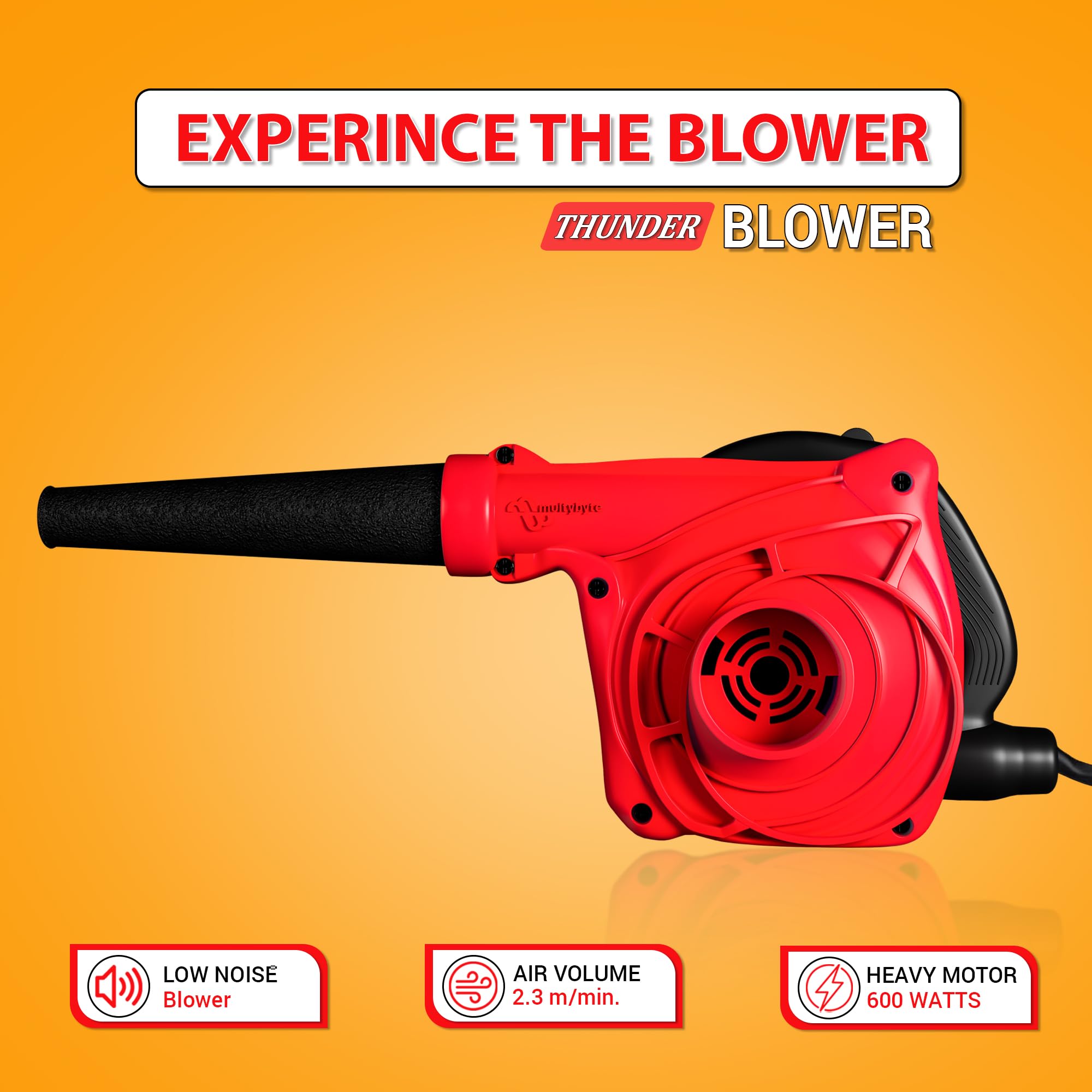 Multybyte Thunder 650W Electric Air Blower | 17000 RPM Motor, Variable Speed, Lock-On Switch, Anti-Vibration | 3.5 m³/min Airflow Dust Cleaner for Car, Computer, Home, Garden & Leaf Blower Machine