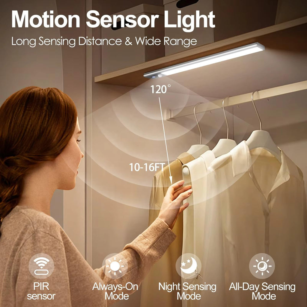 AROPRE Rechargeable Motion Sensor LED Light 40cm | Magnetic Under Cabinet Light with 3 Modes & 1200mAh Battery | Wireless Closet Light for Wardrobe & Kitchen