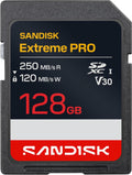 SANDISK 128GB Extreme PRO SD UHS-I Card - Up to 250MB/s Read Speed and 120MB/s Write Speed, 4K UHD, Full HD, U3, and V30 - SDSDXXJ-128G-GSCIN | UHS-I U3 SDXC card with 250MB/s read speed and V30 video class for 4K video, photography and data storage