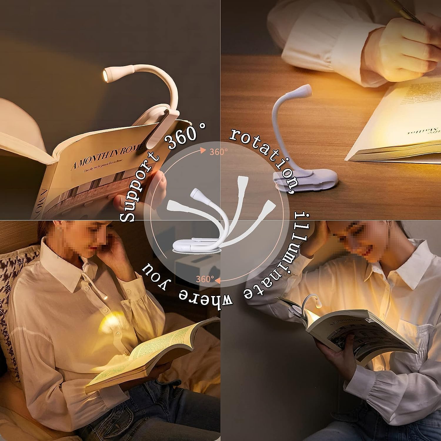 AROPRE Mini Clip-On Reading Lamp – USB Rechargeable, Eye-Caring Night Light with 3 Light Modes, Special Folding Design, Perfect for Students (White)