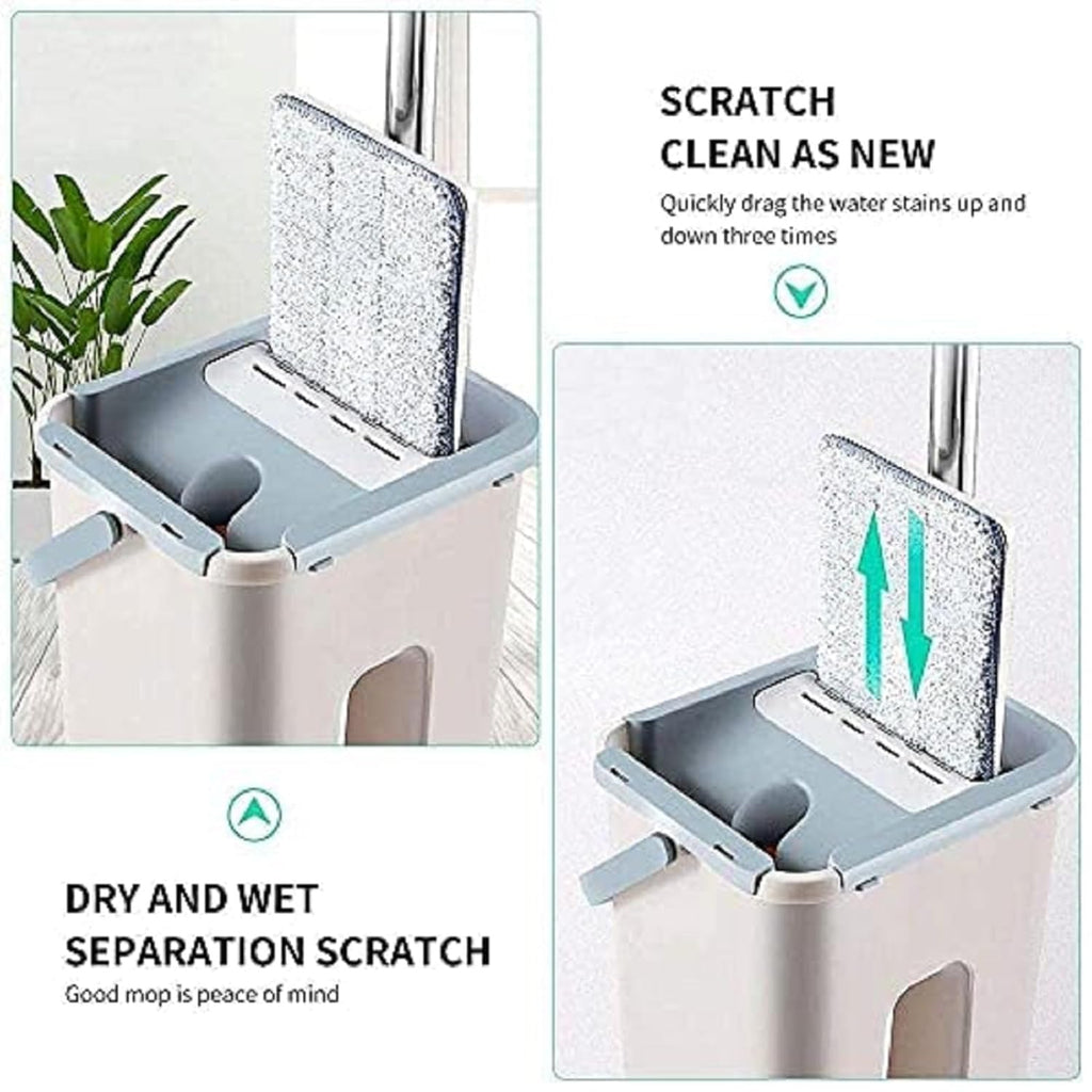 AROPRE Microfiber, Stainless Steel Mop Heavy Quality Floor Mop With Bucket, Flexible Kitchen Tap Flat Squeeze Cleaning Supplies 360 Flexible Head/2 Reusable Pads Clean Home Floor Cleaners (White)