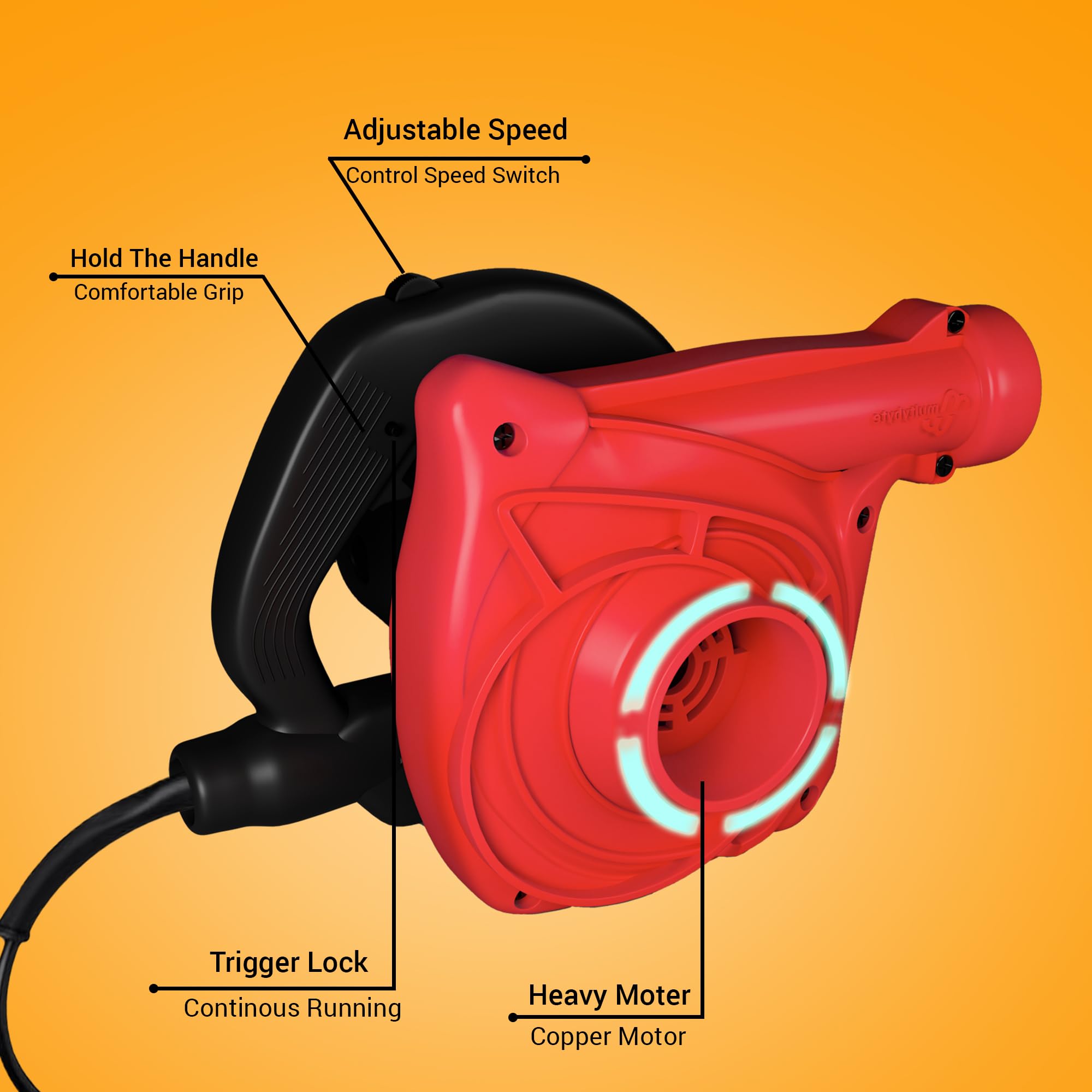 Multybyte Thunder 650W Electric Air Blower | 17000 RPM Motor, Variable Speed, Lock-On Switch, Anti-Vibration | 3.5 m³/min Airflow Dust Cleaner for Car, Computer, Home, Garden & Leaf Blower Machine