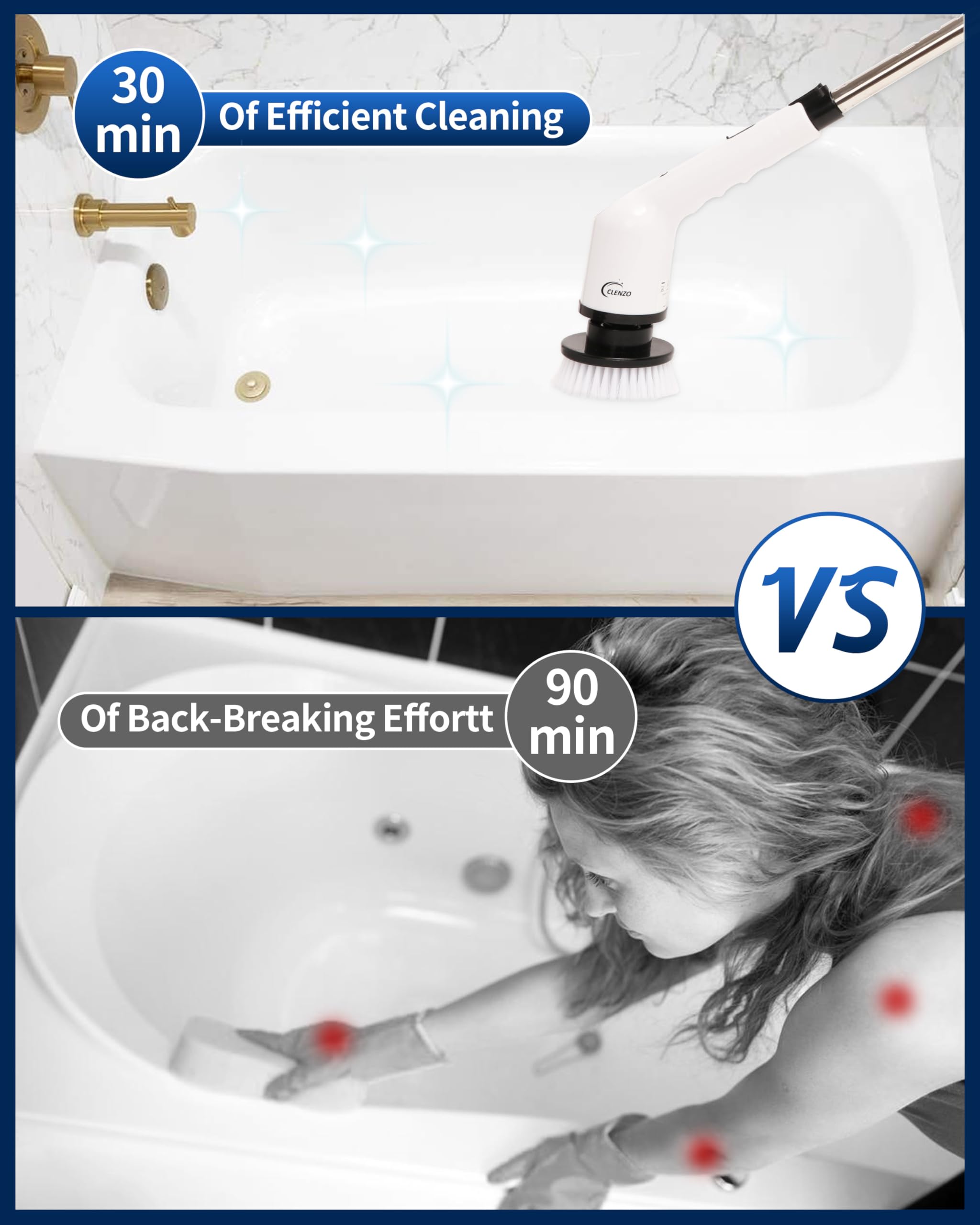 CLENZO 9 in 1 Electric Spin Scrubber for cleaning with Type C-USB Port, Charger, Gloves, 3 Adjustable Speed, LED Display, Cordless Shower Scrubber with long handle for Bathroom Tub Tile Floor