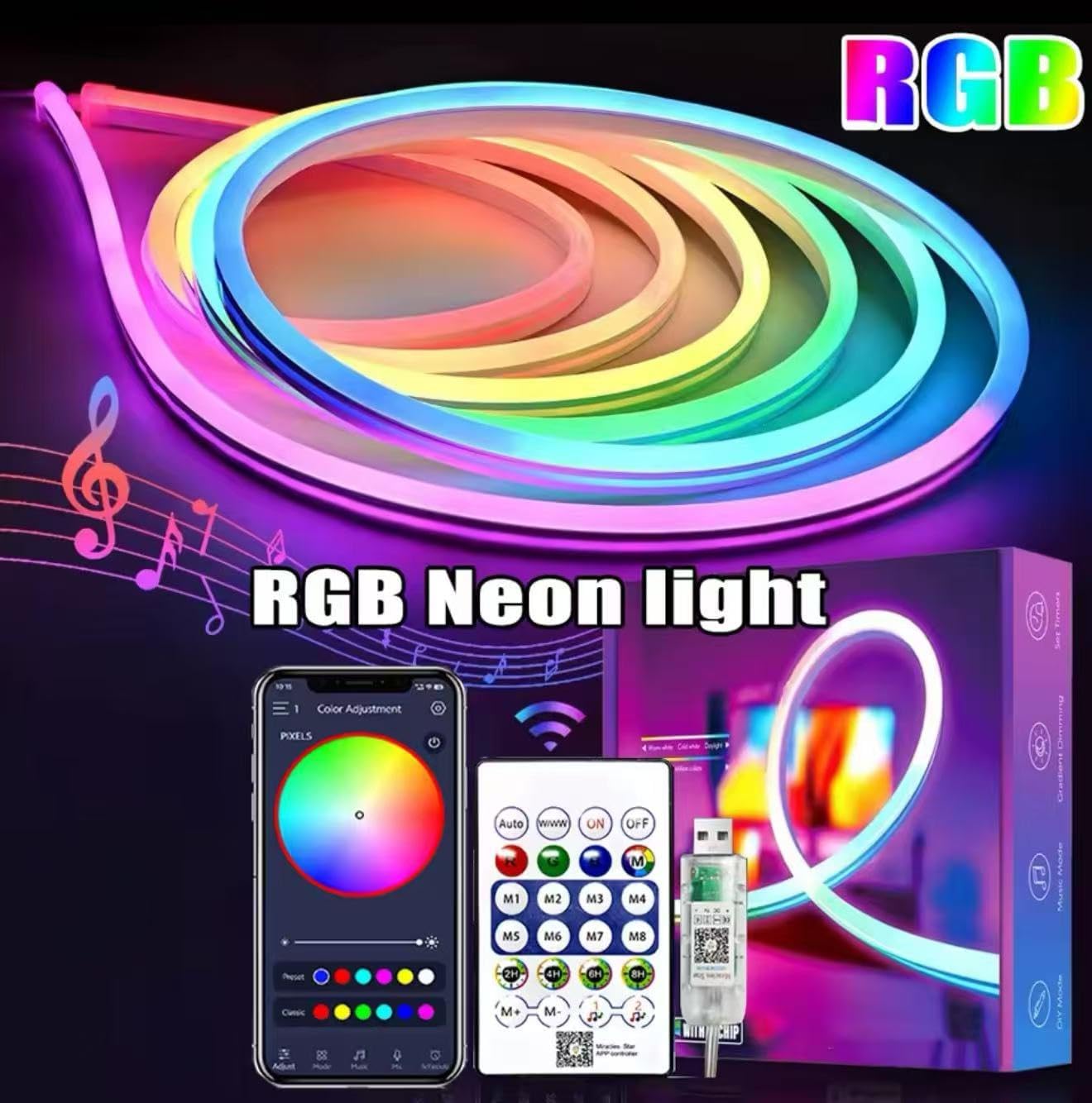 AROPRE 5 Meter Smart RGB Neon LED Strip Lights with App & Remote | Music Sync Rope Light for Room, Gaming, Party, Diwali & Home Decoration
