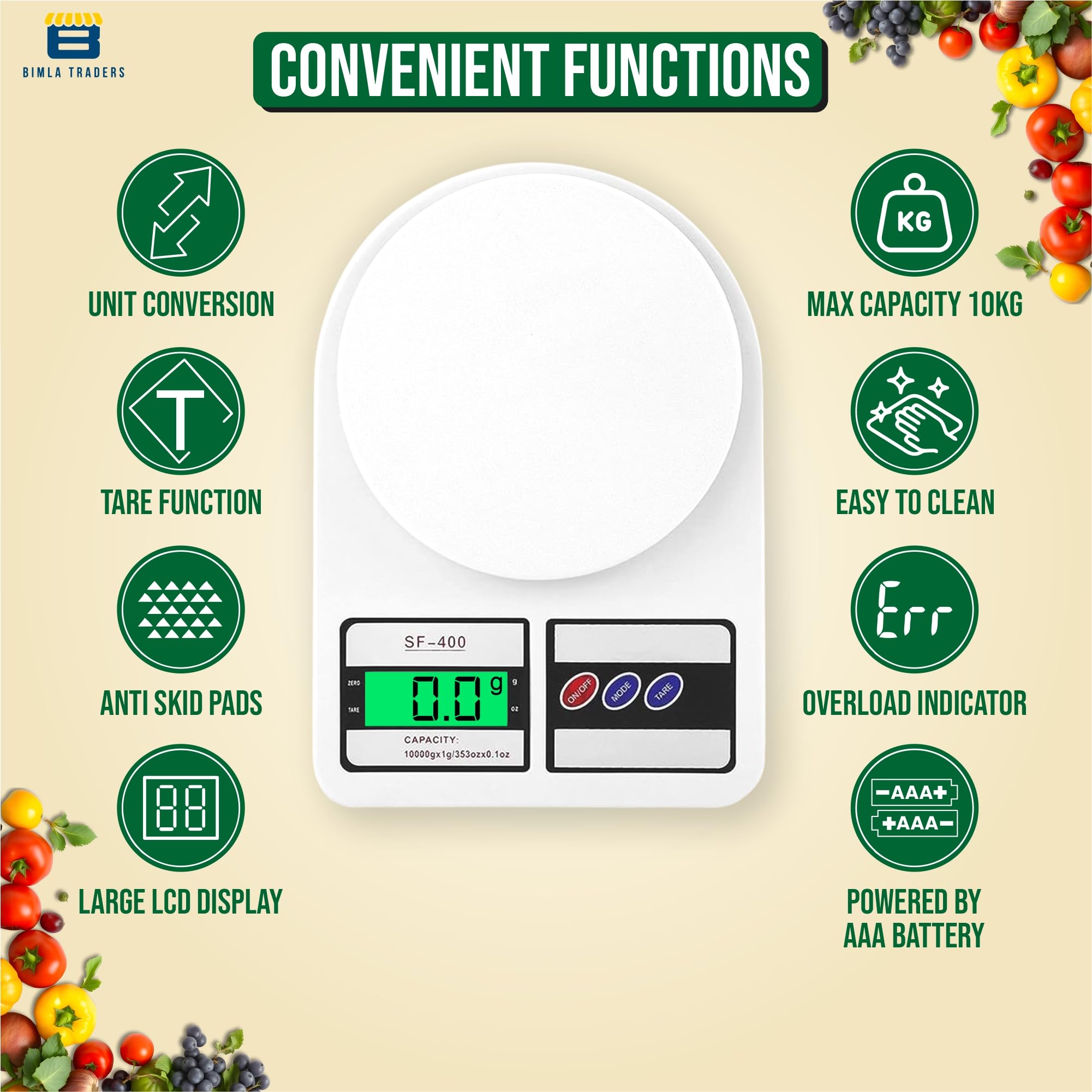 Btag SF-400 Digital Kitchen Weighing Scale | 10Kg x 1g Precision | Food Scale with LCD Display for Cooking, Baking, Meal Prep & Healthy Diet | Compact Electronic Weight Machine for Home Use.(White)