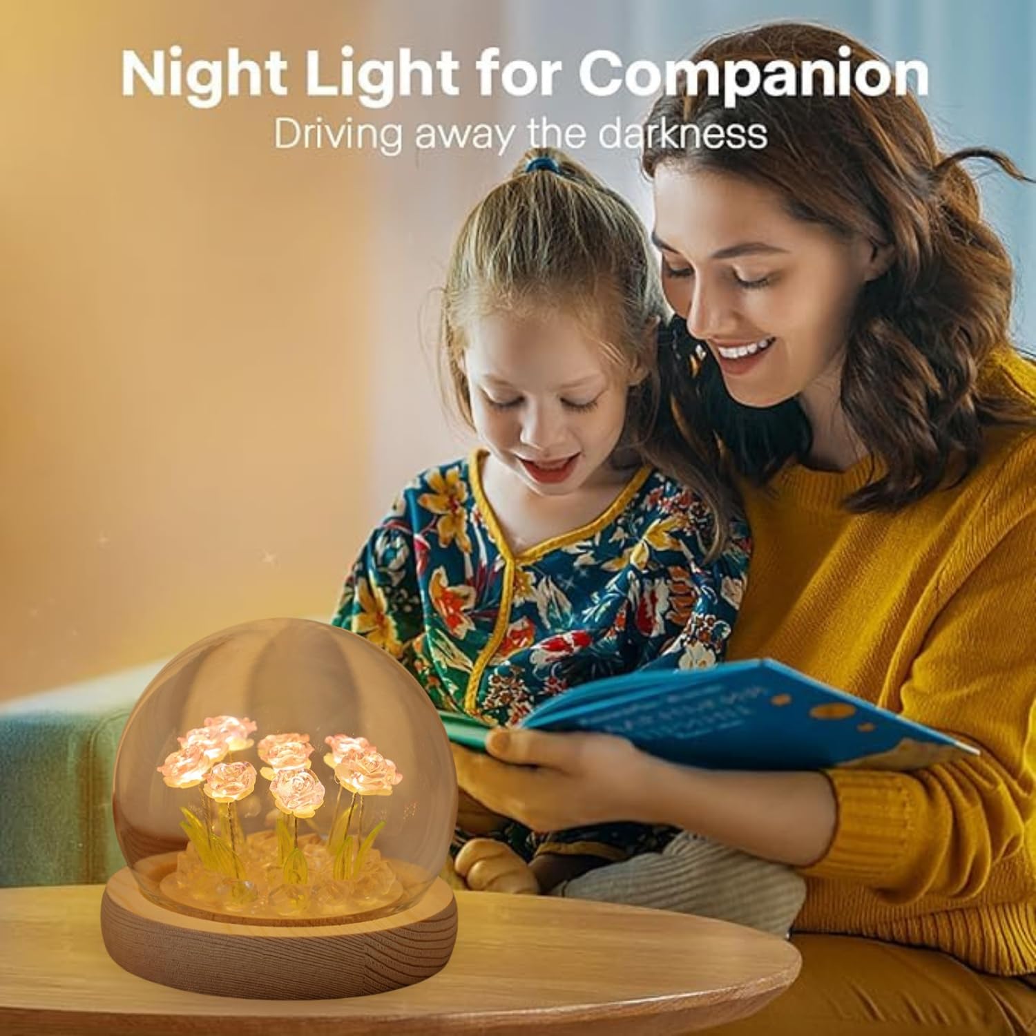 AROPRE Rose LED Night Lamp – Wooden Base with 9 Artificial Dual-Color Roses (Pink & White), Table Decoration Light for Bedroom, Romantic Decor, Valentine Day Gift, Love Gift for Her, Couple Gift
