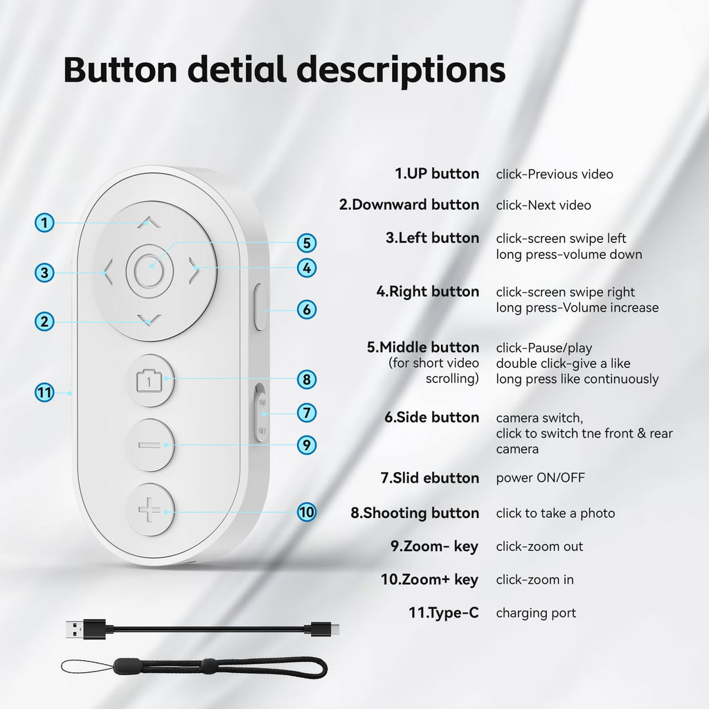 Bluetooth Camera Remote Shutter with Zoom and Switch for Photo and Vlogging,Wireless Video Scrolling Remote for iOS & Android Smartphone, Page Turner for E-Book Cellphone Remote Clicker for Tiktok