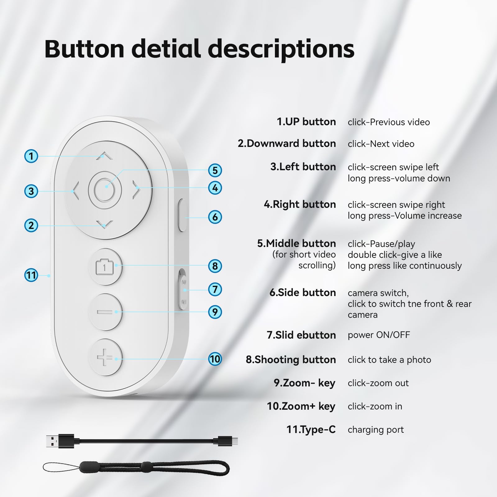 Bluetooth Camera Remote Shutter with Zoom and Switch for Photo and Vlogging,Wireless Video Scrolling Remote for iOS & Android Smartphone, Page Turner for E-Book Cellphone Remote Clicker for Tiktok