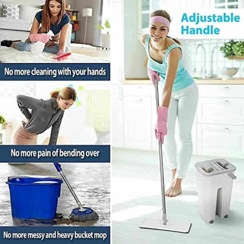 AROPRE Microfiber, Stainless Steel Mop Heavy Quality Floor Mop With Bucket, Flexible Kitchen Tap Flat Squeeze Cleaning Supplies 360 Flexible Head/2 Reusable Pads Clean Home Floor Cleaners (White)