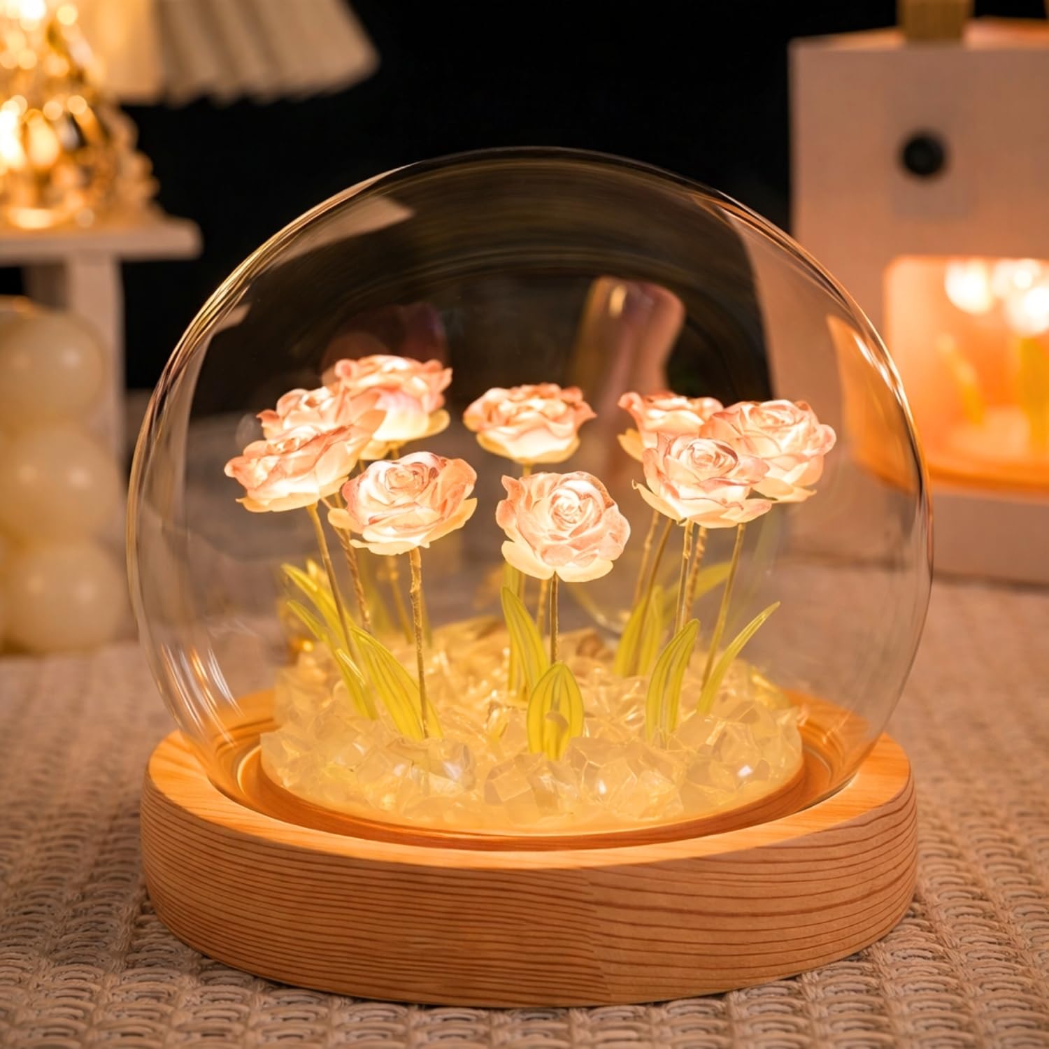 AROPRE Rose LED Night Lamp – Wooden Base with 9 Artificial Dual-Color Roses (Pink & White), Table Decoration Light for Bedroom, Romantic Decor, Valentine Day Gift, Love Gift for Her, Couple Gift
