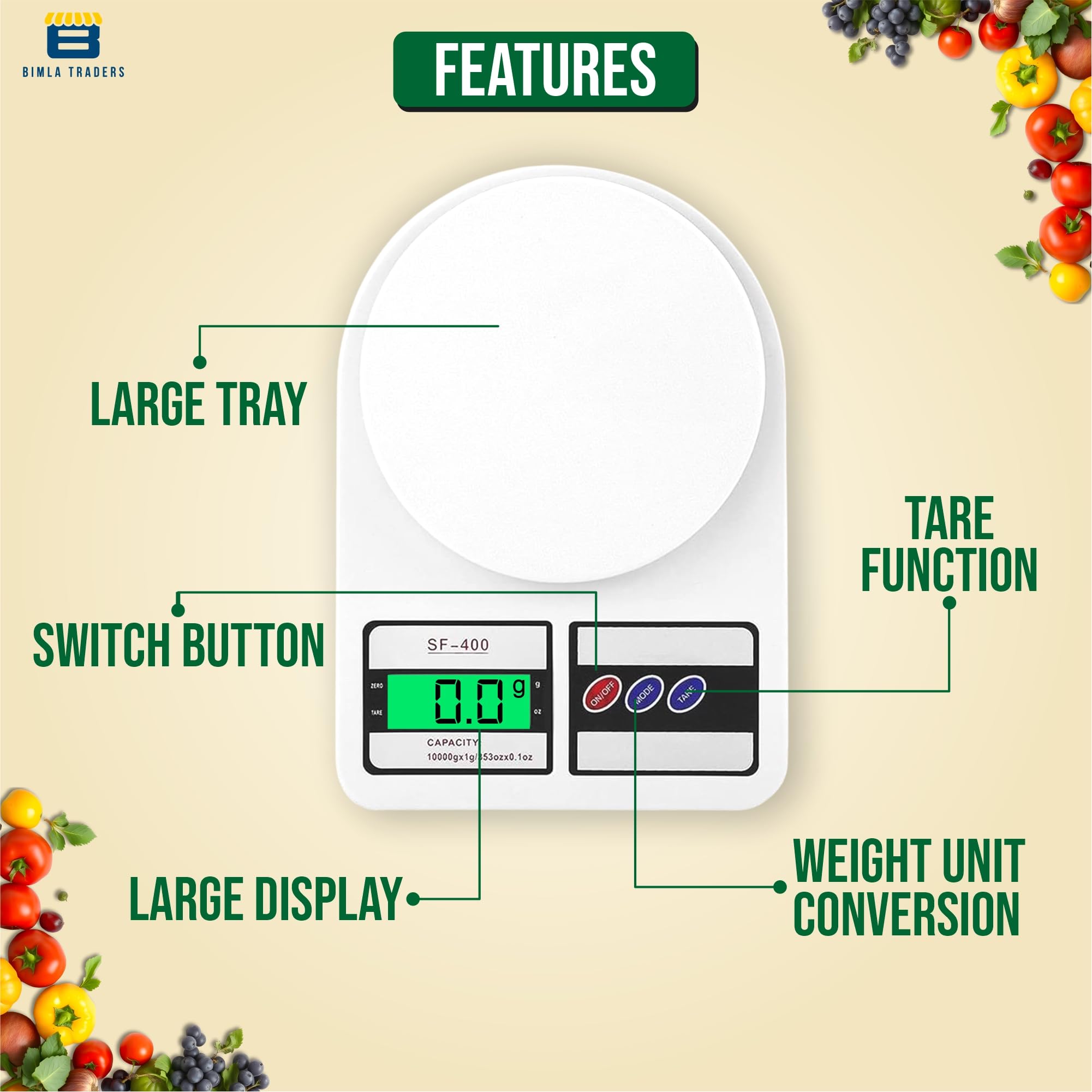 Btag SF-400 Digital Kitchen Weighing Scale | 10Kg x 1g Precision | Food Scale with LCD Display for Cooking, Baking, Meal Prep & Healthy Diet | Compact Electronic Weight Machine for Home Use.(White)