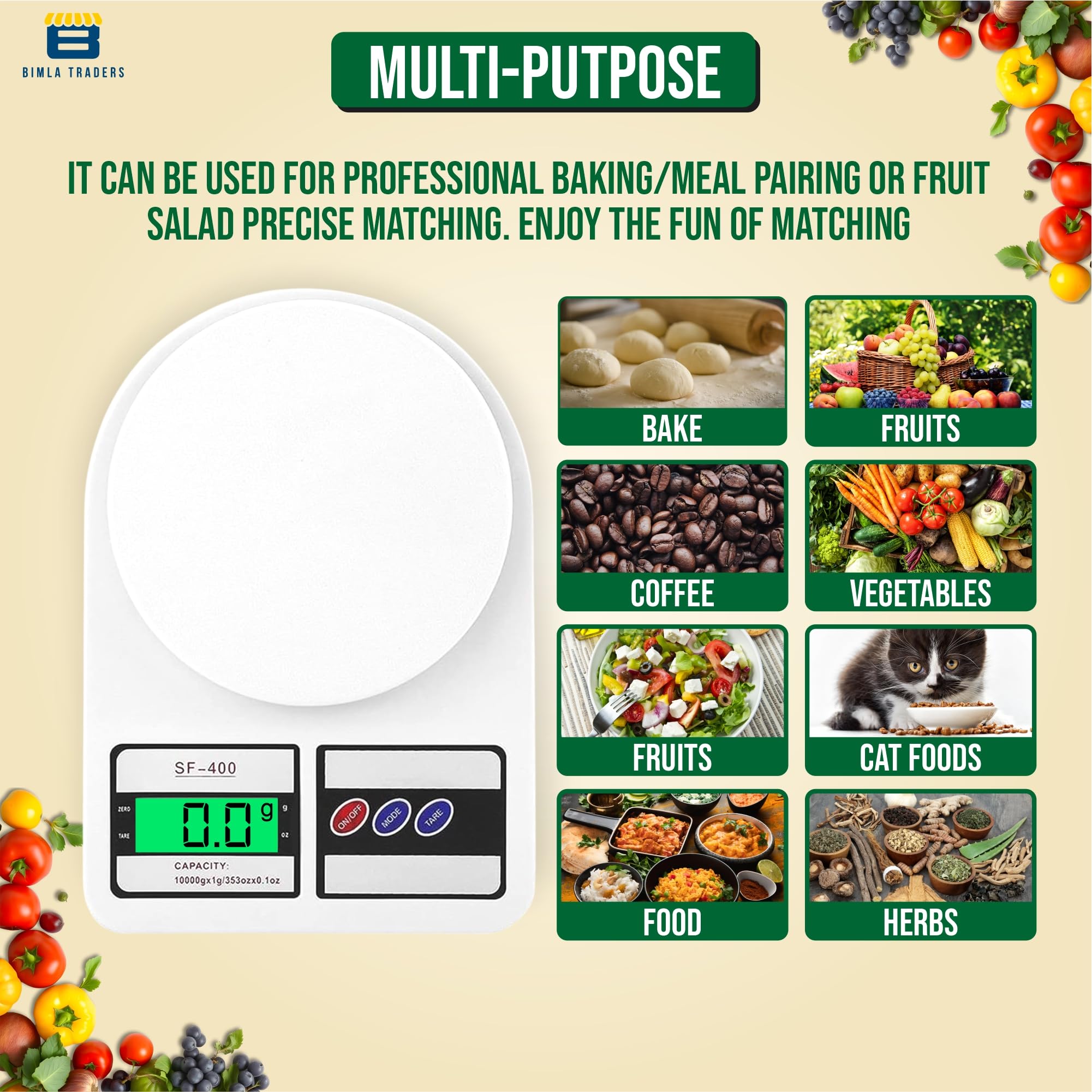 Btag SF-400 Digital Kitchen Weighing Scale | 10Kg x 1g Precision | Food Scale with LCD Display for Cooking, Baking, Meal Prep & Healthy Diet | Compact Electronic Weight Machine for Home Use.(White)