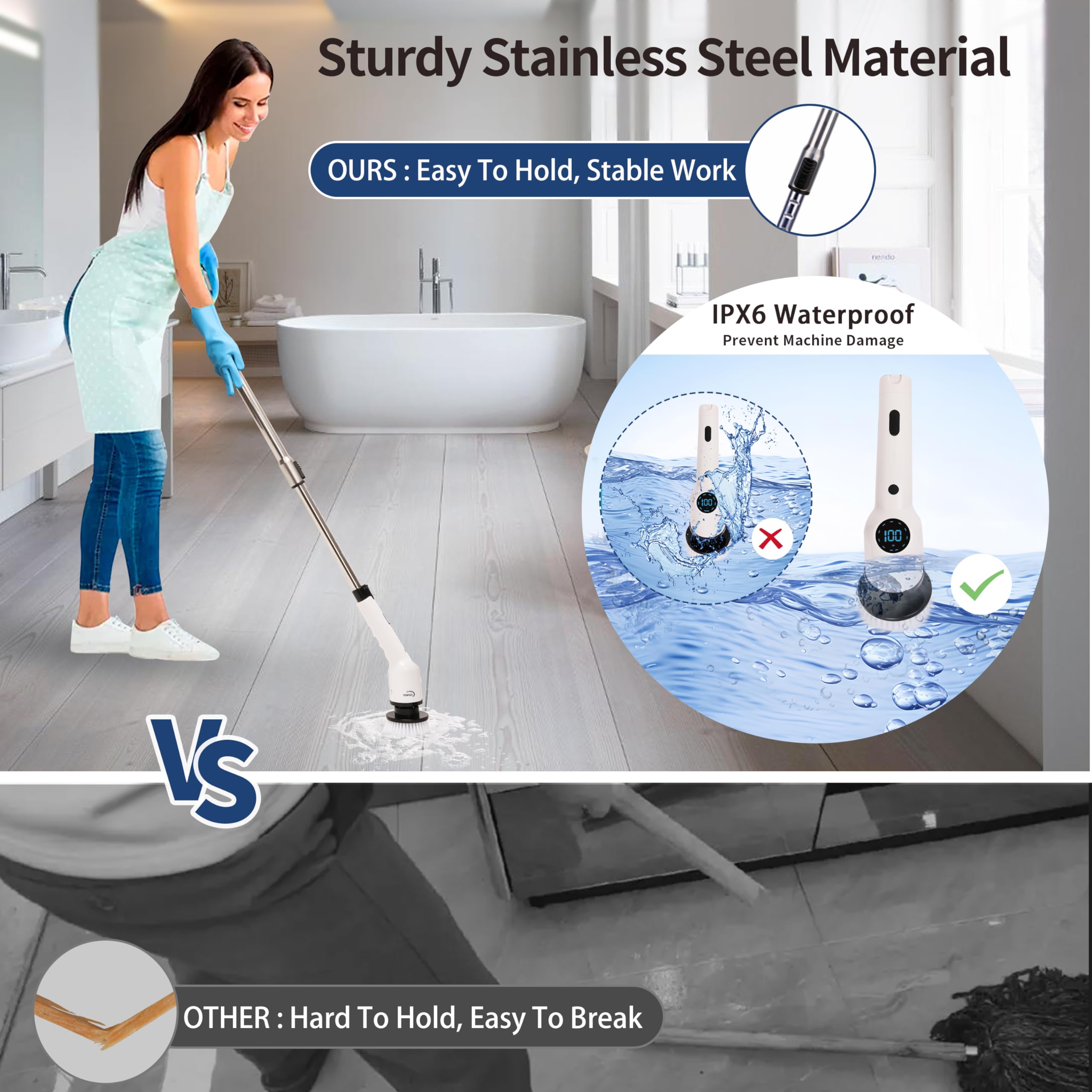 CLENZO 9 in 1 Electric Spin Scrubber for cleaning with Type C-USB Port, Charger, Gloves, 3 Adjustable Speed, LED Display, Cordless Shower Scrubber with long handle for Bathroom Tub Tile Floor