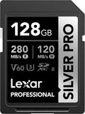 Lexar 128GB Silver PRO SD Memory Card, 280MB/s Read, 4K, V60, U3, UHS-II | Compatible w/ Canon, Sony, Nikon, Ideal for Professional Photographer, Videographer, Enthusiast, LSDSIPR128G-BNNNU