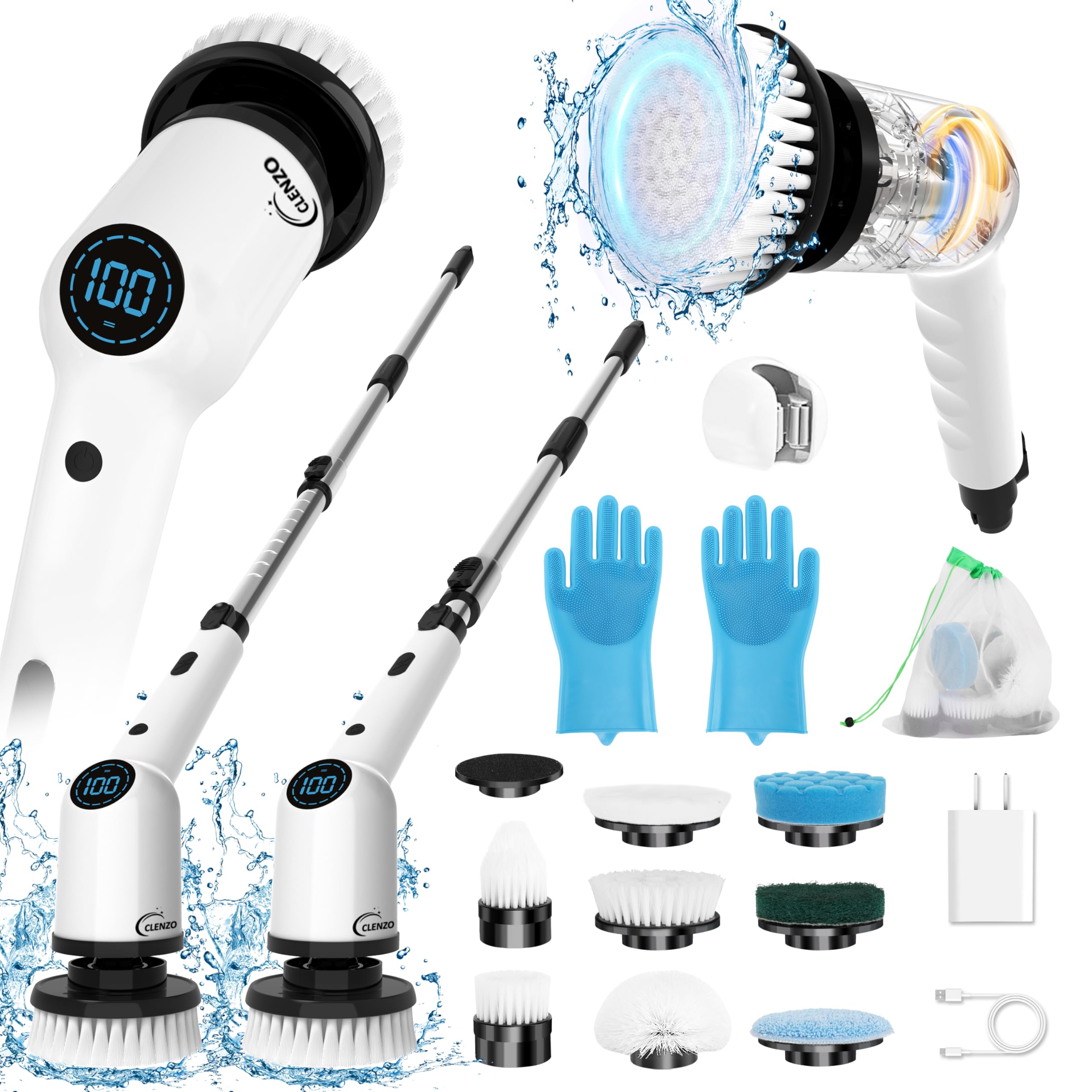 CLENZO 9 in 1 Electric Spin Scrubber for cleaning with Type C-USB Port, Charger, Gloves, 3 Adjustable Speed, LED Display, Cordless Shower Scrubber with long handle for Bathroom Tub Tile Floor