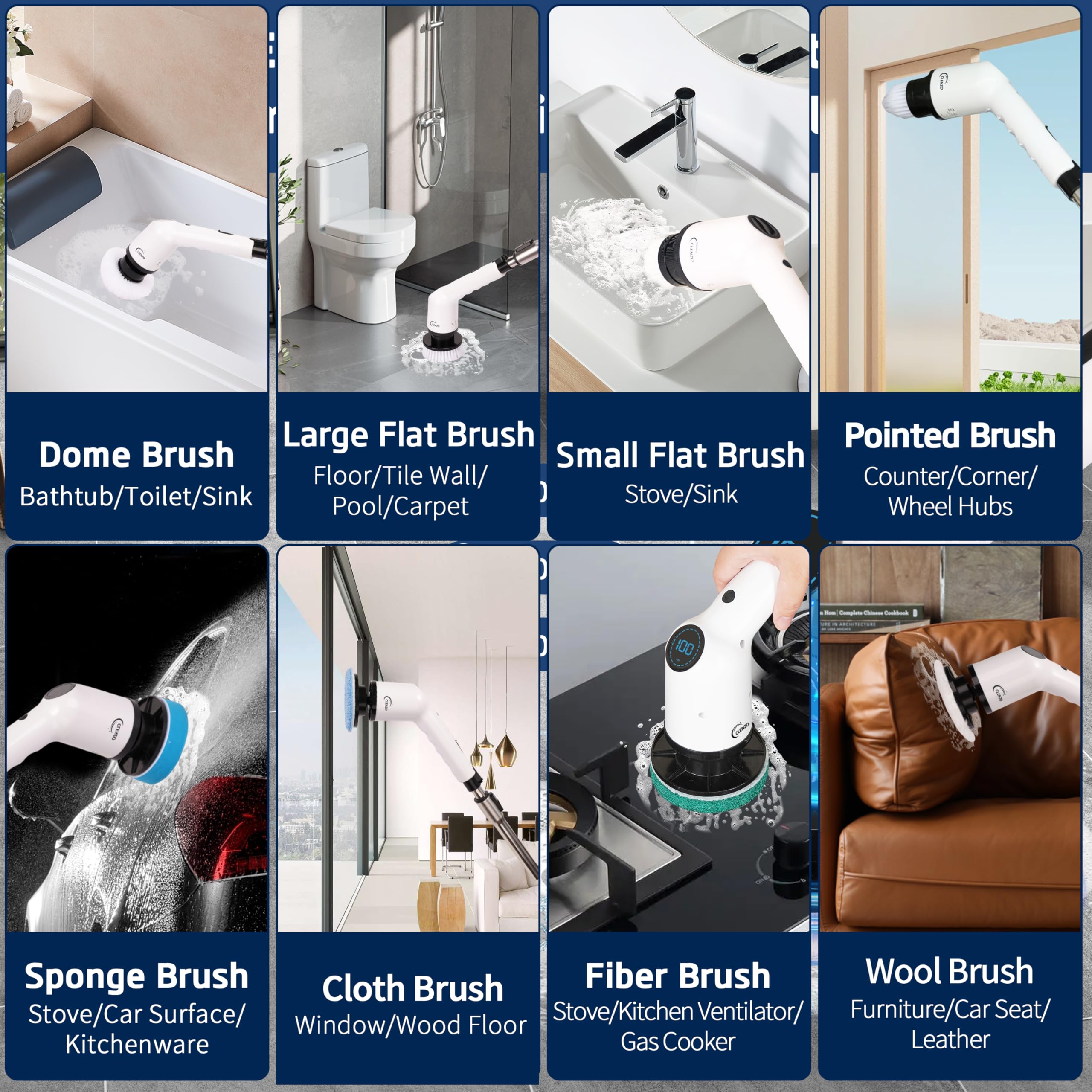 CLENZO 9 in 1 Electric Spin Scrubber for cleaning with Type C-USB Port, Charger, Gloves, 3 Adjustable Speed, LED Display, Cordless Shower Scrubber with long handle for Bathroom Tub Tile Floor