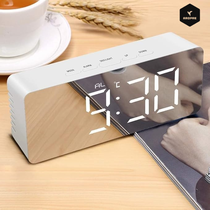 AROPRE Digital Alarm Clock Table Clock for Students, Heavy Sleepers, Bedroom, Office, Corporate | Mini Alarm Clock with Loud Sound, Automatic Sensor, Date & Temperature