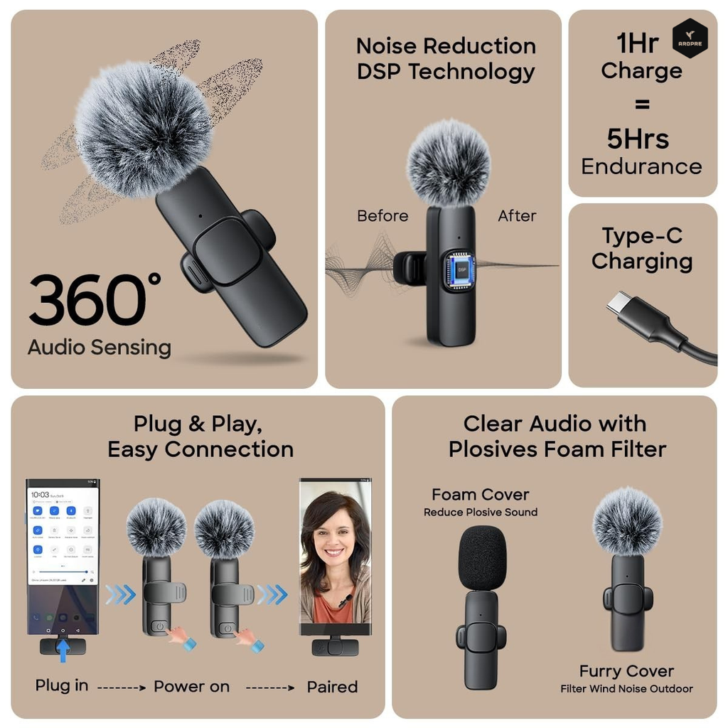 AROPRE AI K9 Professional Wireless Microphone for YouTube, AI Noise Cancelling Lavalier Mic for Video Recording, Best Wireless Mic for Content Creators